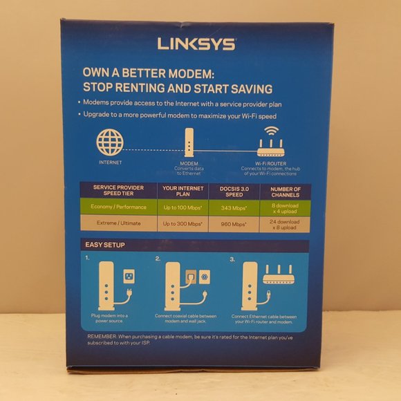 Linksys DOCSIS 3.0 Cable Modem 8 x 4 Bonded Channels Model CM3008 OPEN BOX - Picture 3 of 10